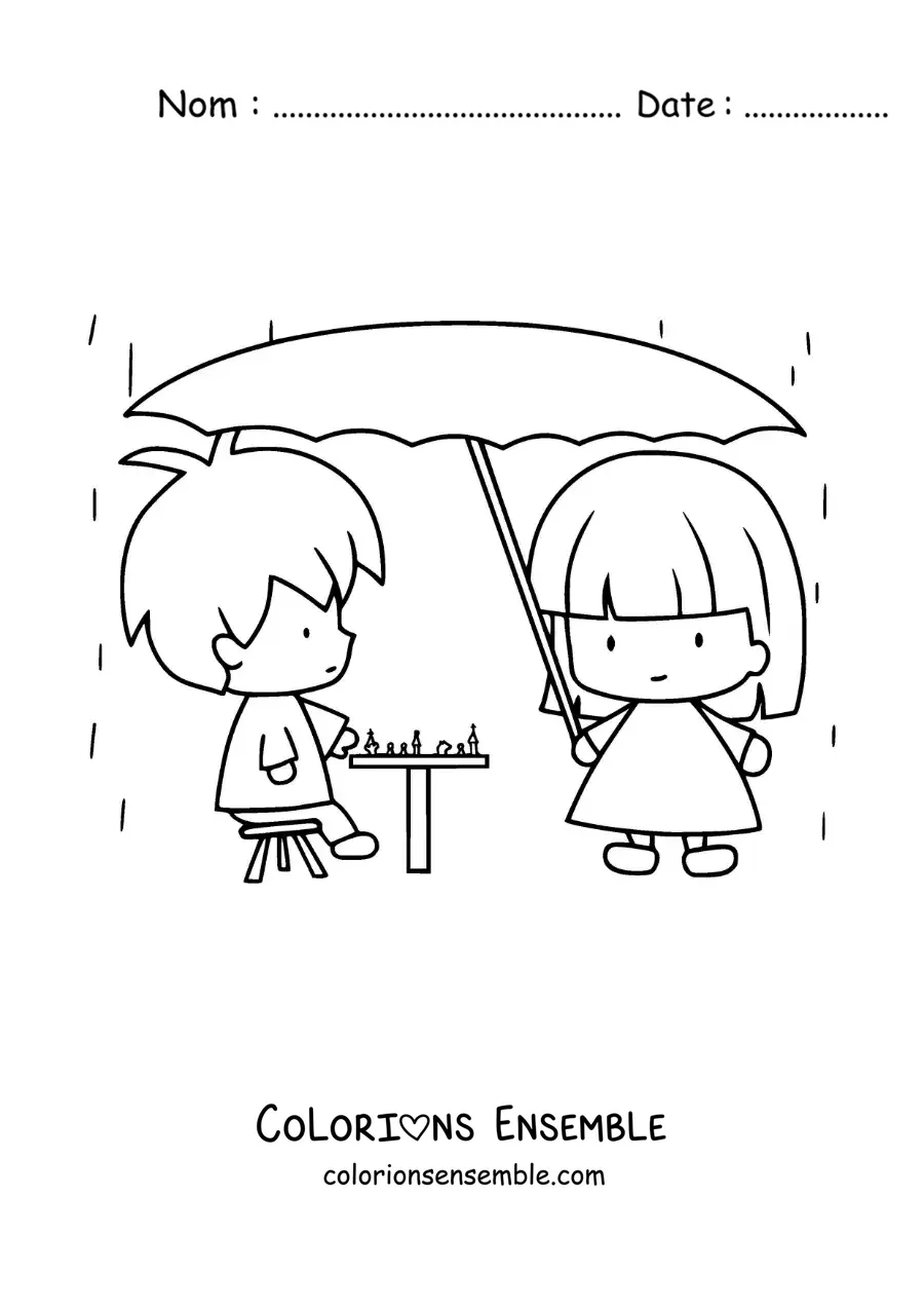 Image à colorier de deux enfants kawaii animés jouant aux échecs sous la pluie