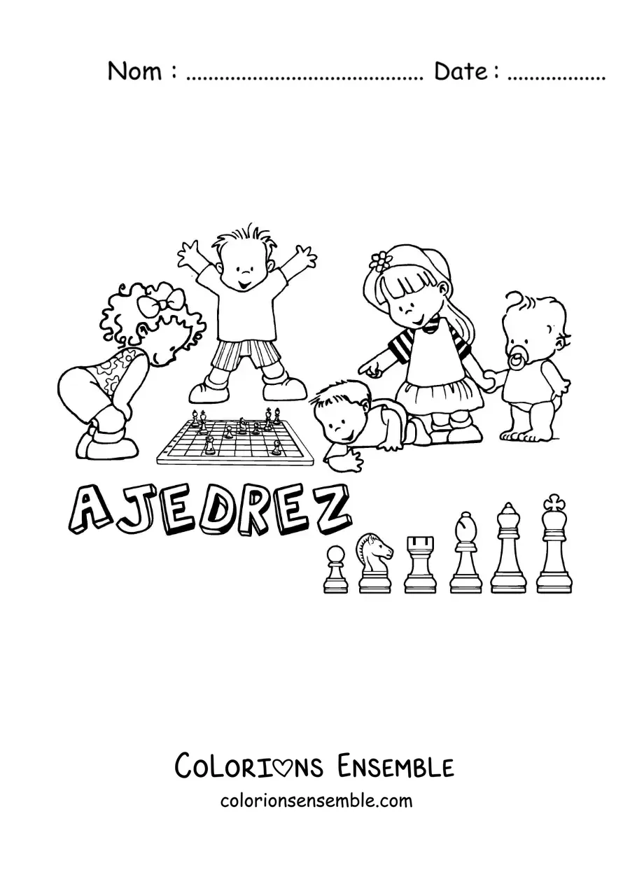 Image à colorier d'enfants jouant aux échecs et du mot échecs