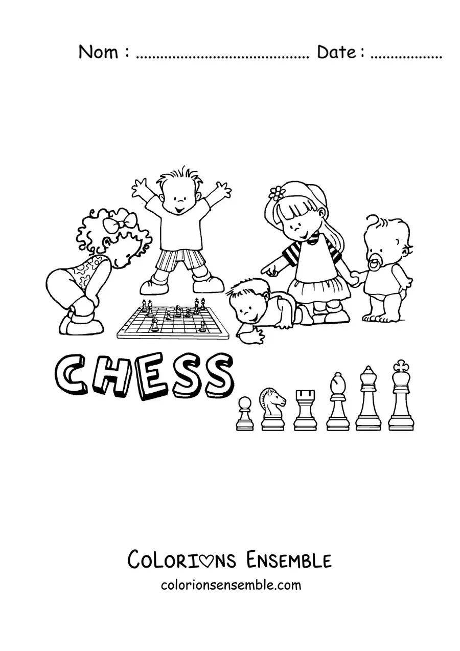Image à colorier d'enfants jouant aux échecs et du mot échecs en anglais
