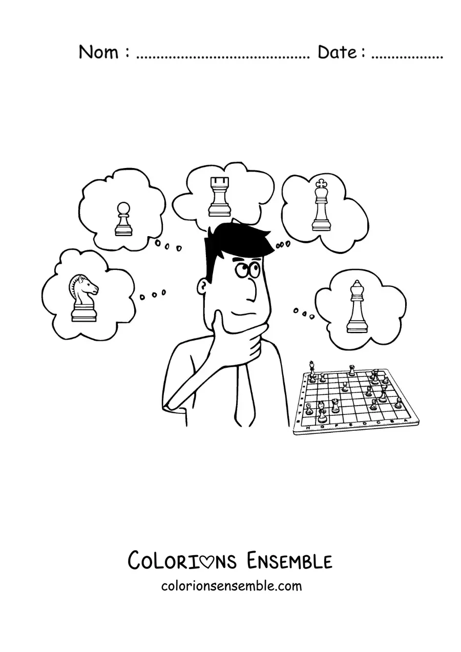 Image à colorier en dessin animé d'un homme jouant aux échecs
