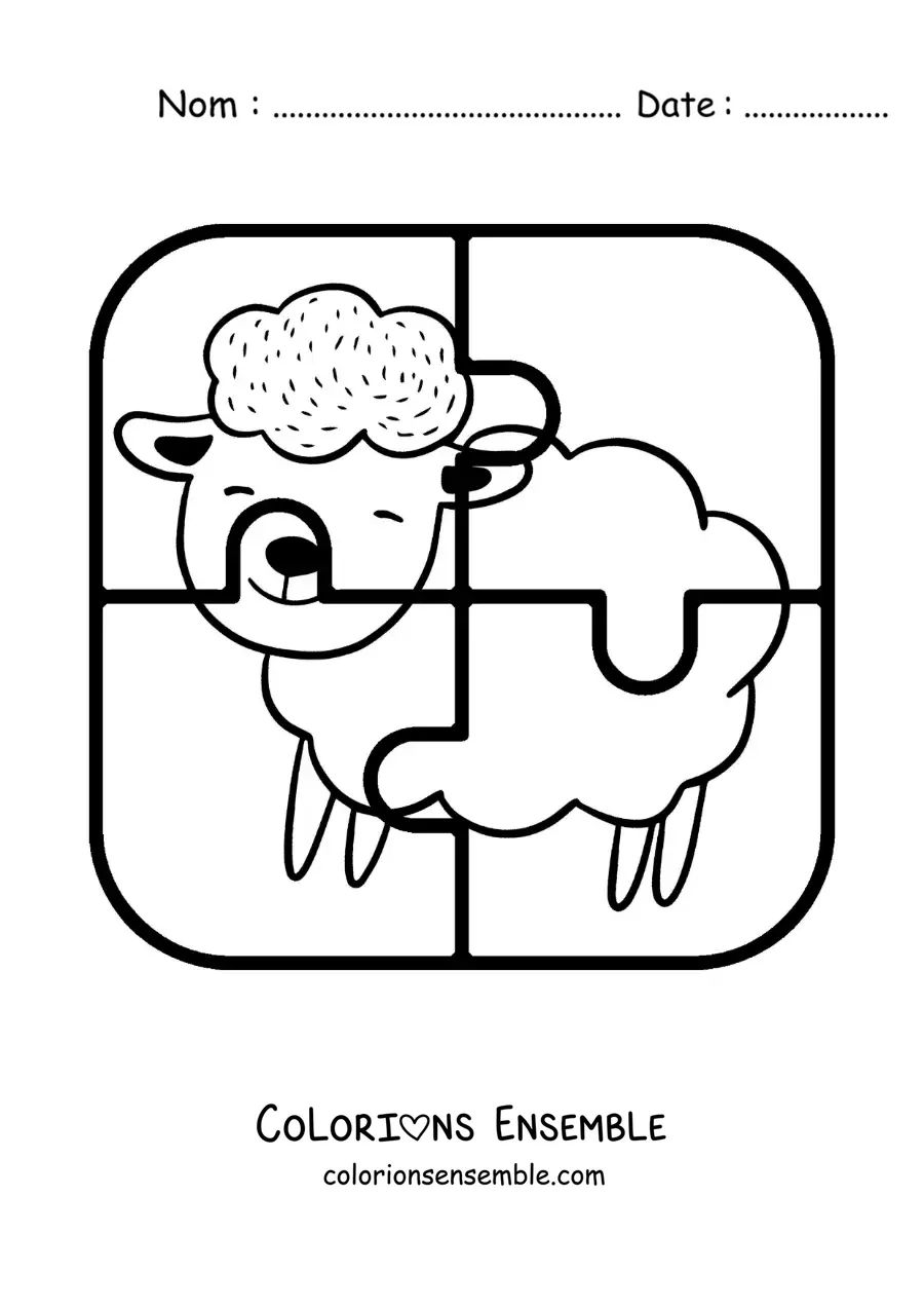 Image à colorier d'un puzzle à découper de 4 pièces représentant un mouton animé