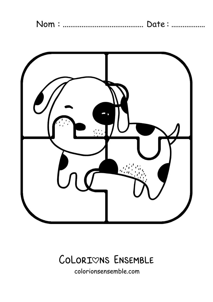 Image à colorier d'un puzzle à découper de 4 pièces représentant un chien animé