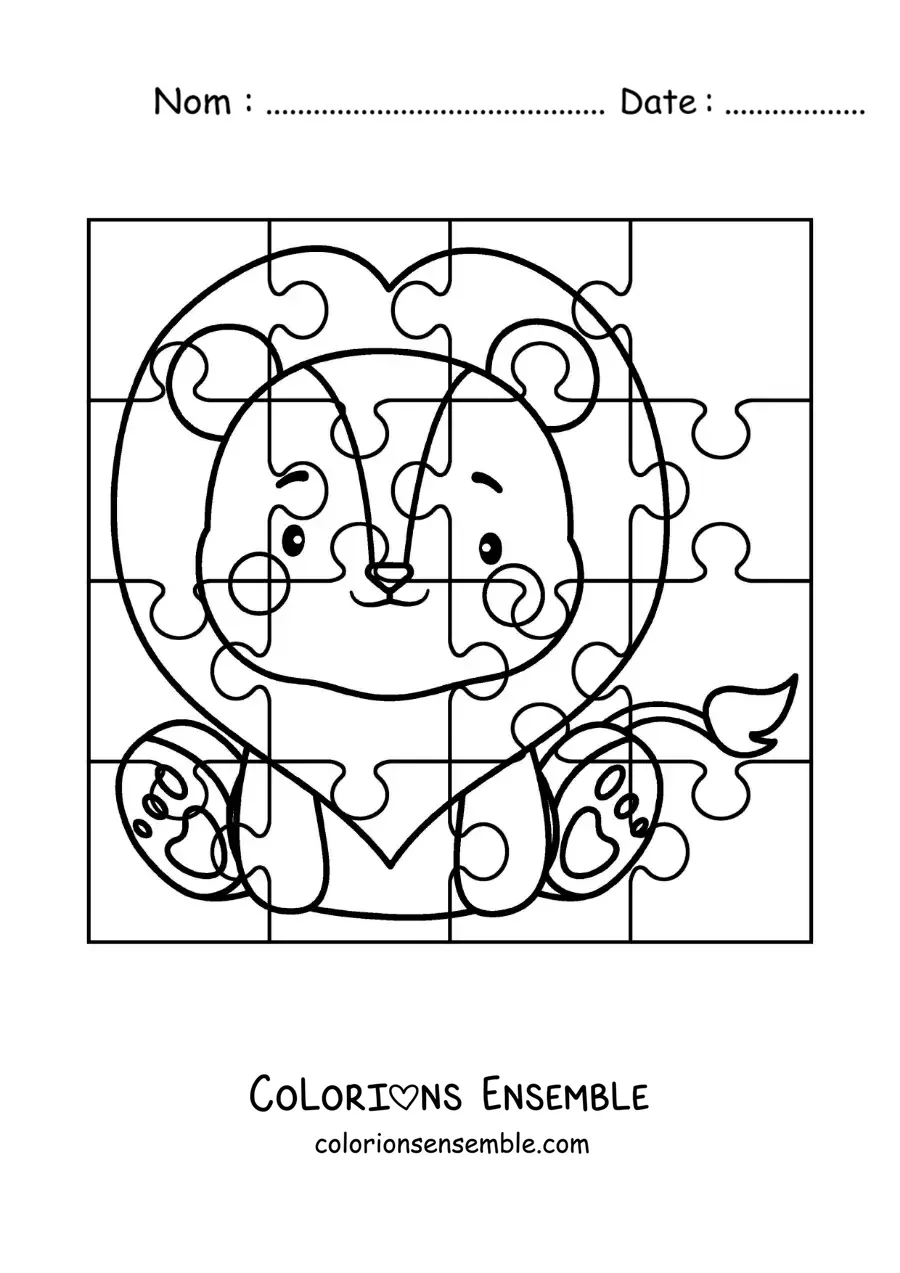 Image à colorier d'un puzzle à découper représentant un lion animé