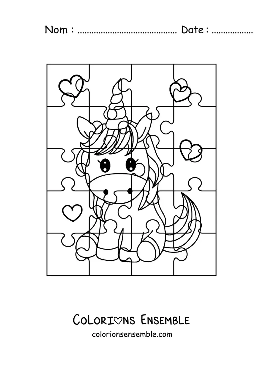 Image à colorier d'un puzzle à découper représentant une licorne animée