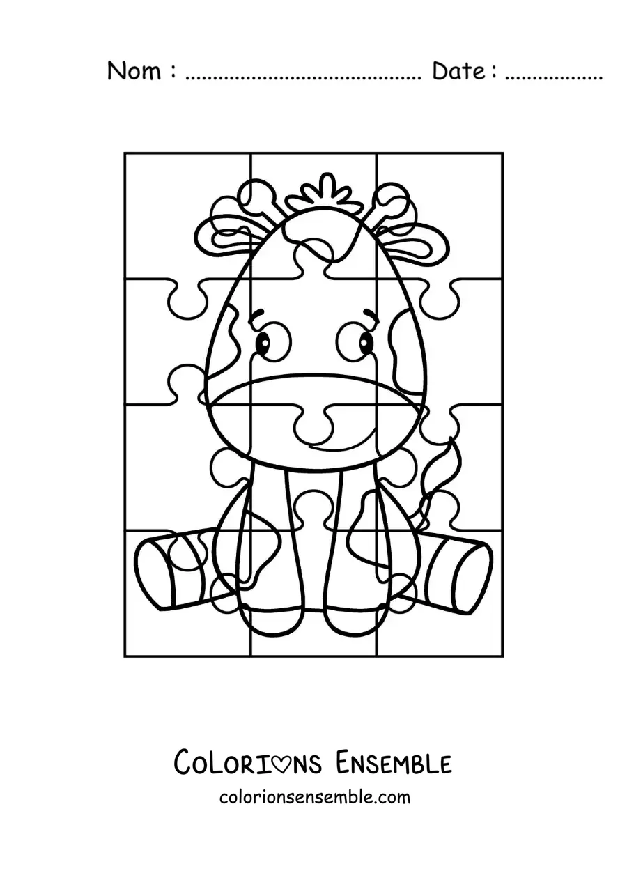 Image à colorier d'un puzzle à découper représentant une girafe animée