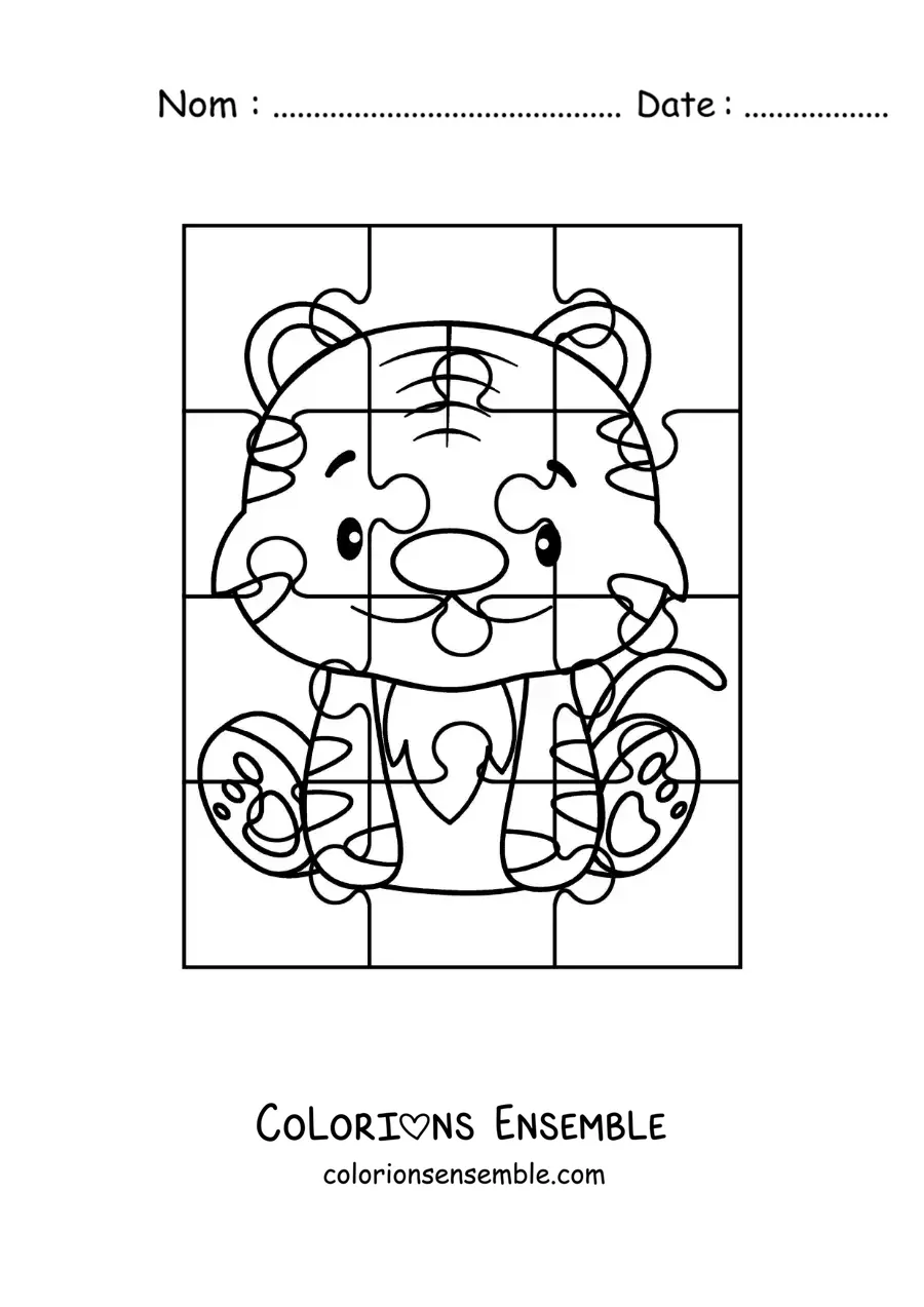 Image à colorier d'un puzzle à découper représentant un tigre animé