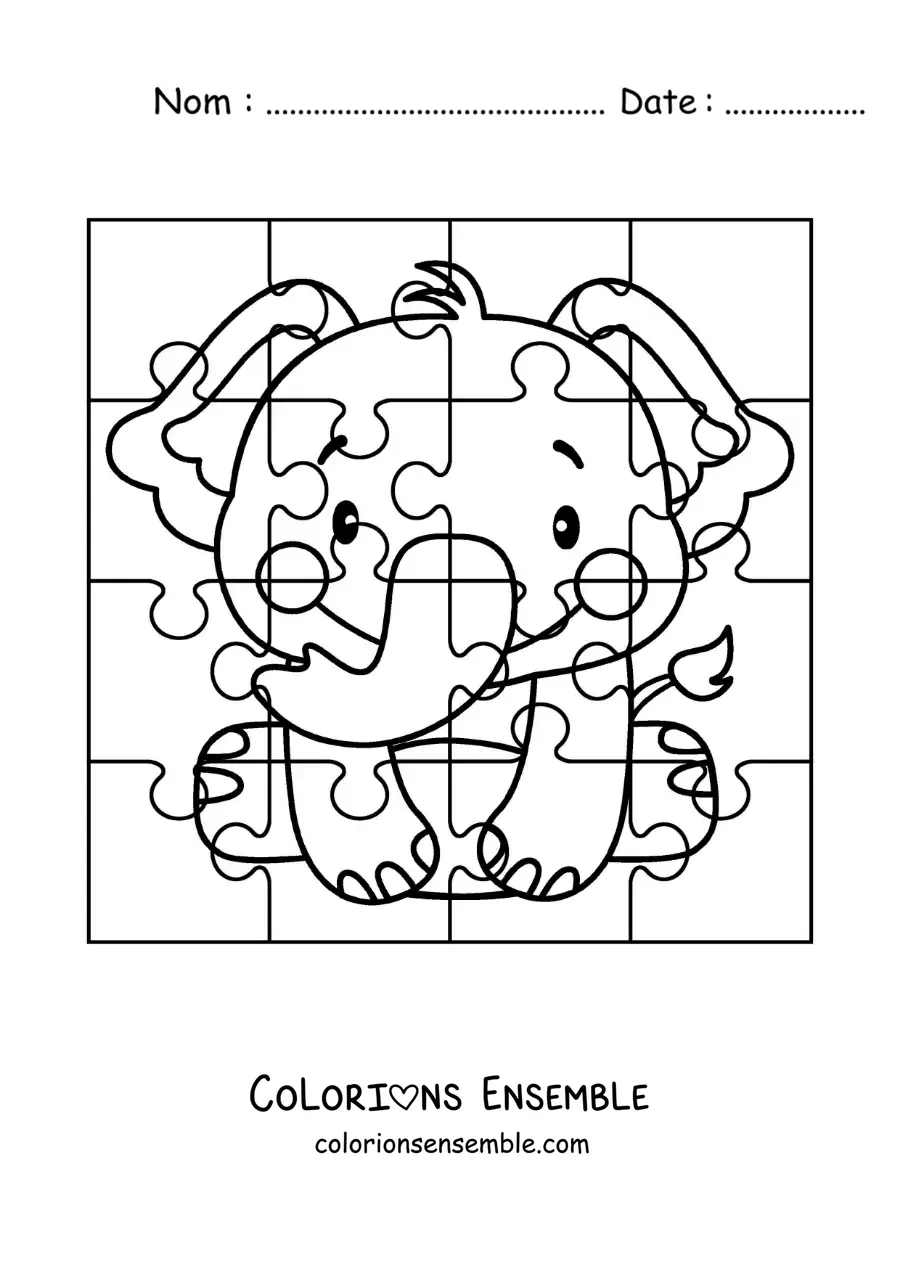 Image à colorier d'un puzzle à découper représentant un éléphant animé
