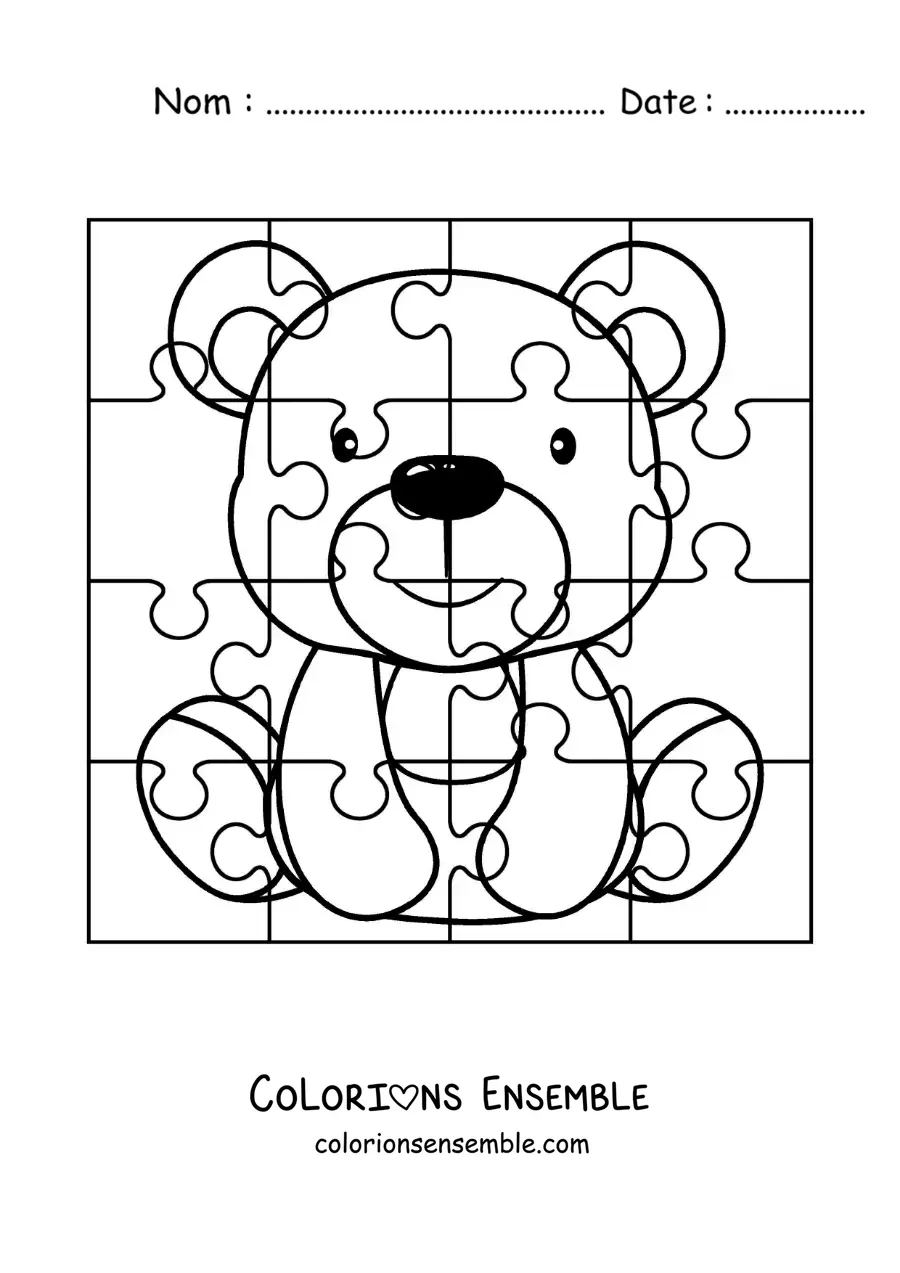 Image à colorier d'un puzzle à découper représentant un ours animé