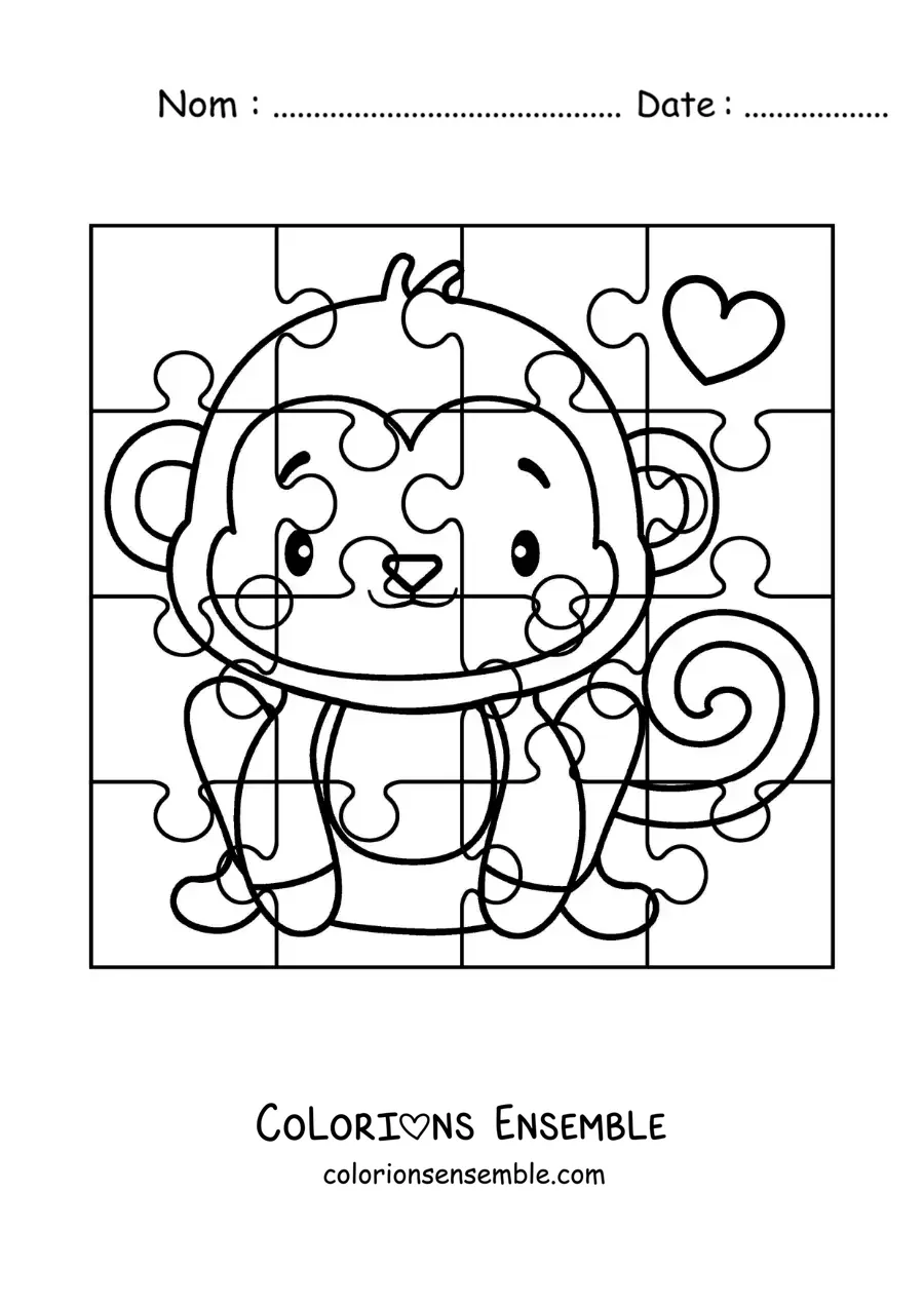 Image à colorier d'un puzzle à découper représentant un singe animé