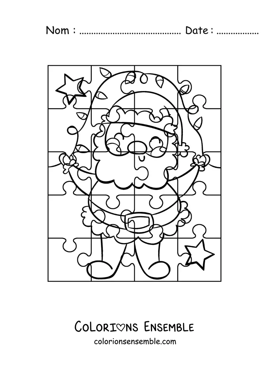 Image à colorier d'un puzzle de Noël représentant un Père Noël animé