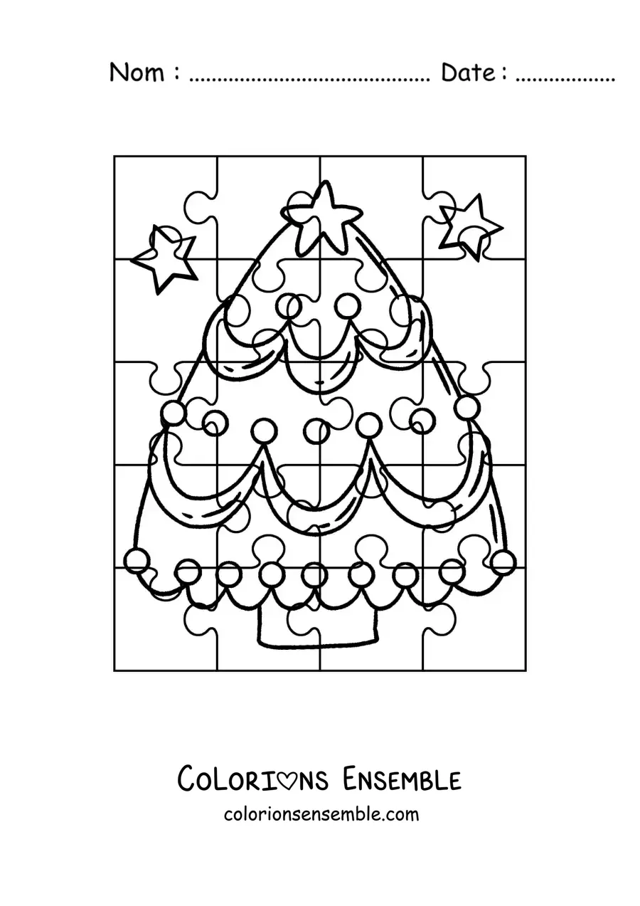 Image à colorier d'un puzzle de Noël représentant un sapin de Noël