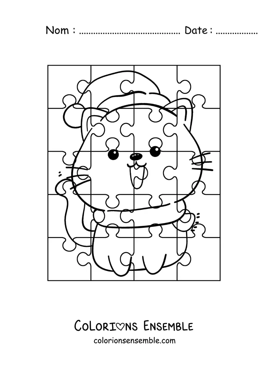 Image à colorier d'un puzzle de Noël représentant un chat animé avec un bonnet