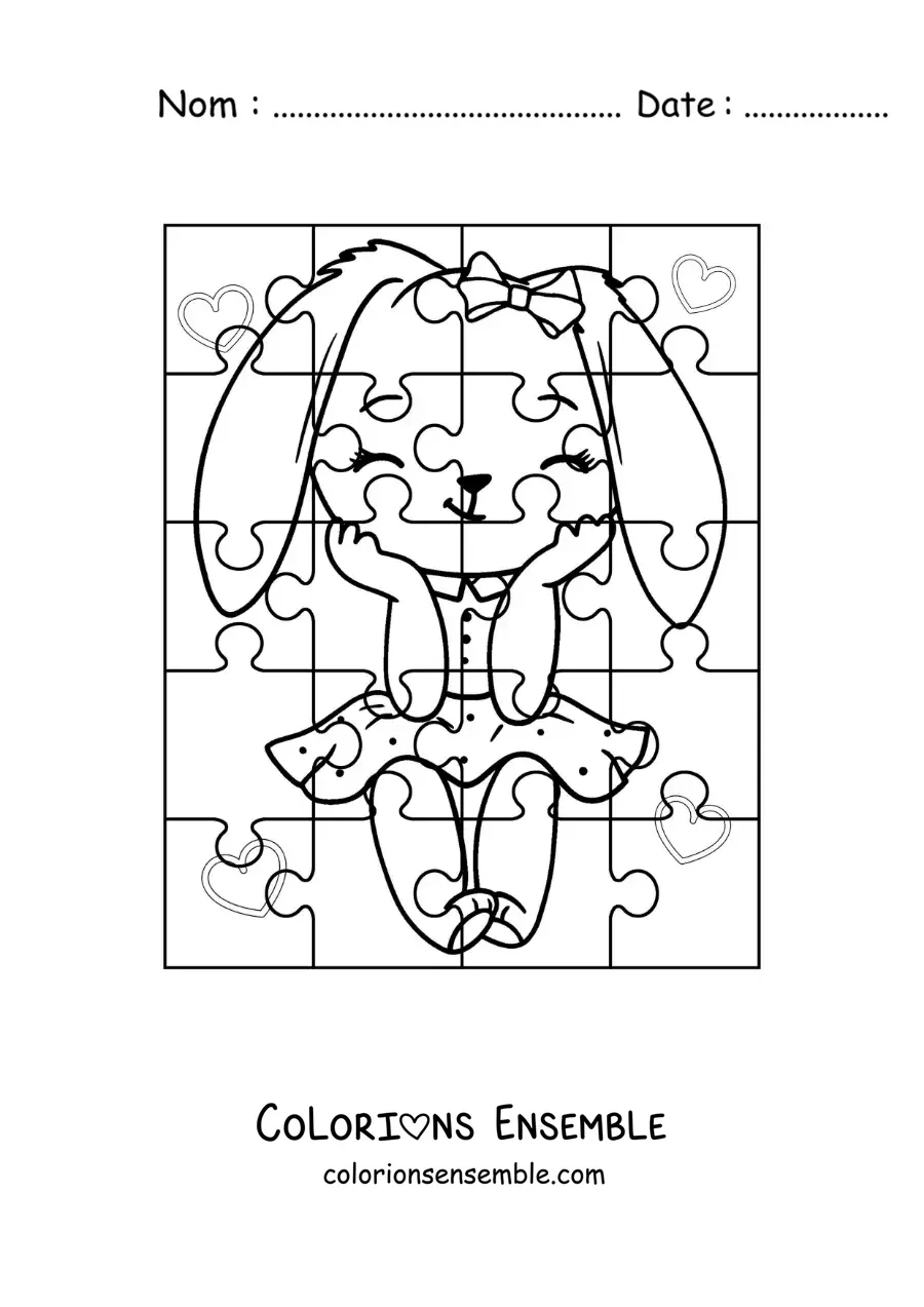 Image à colorier d'un puzzle à découper représentant une lapine animée