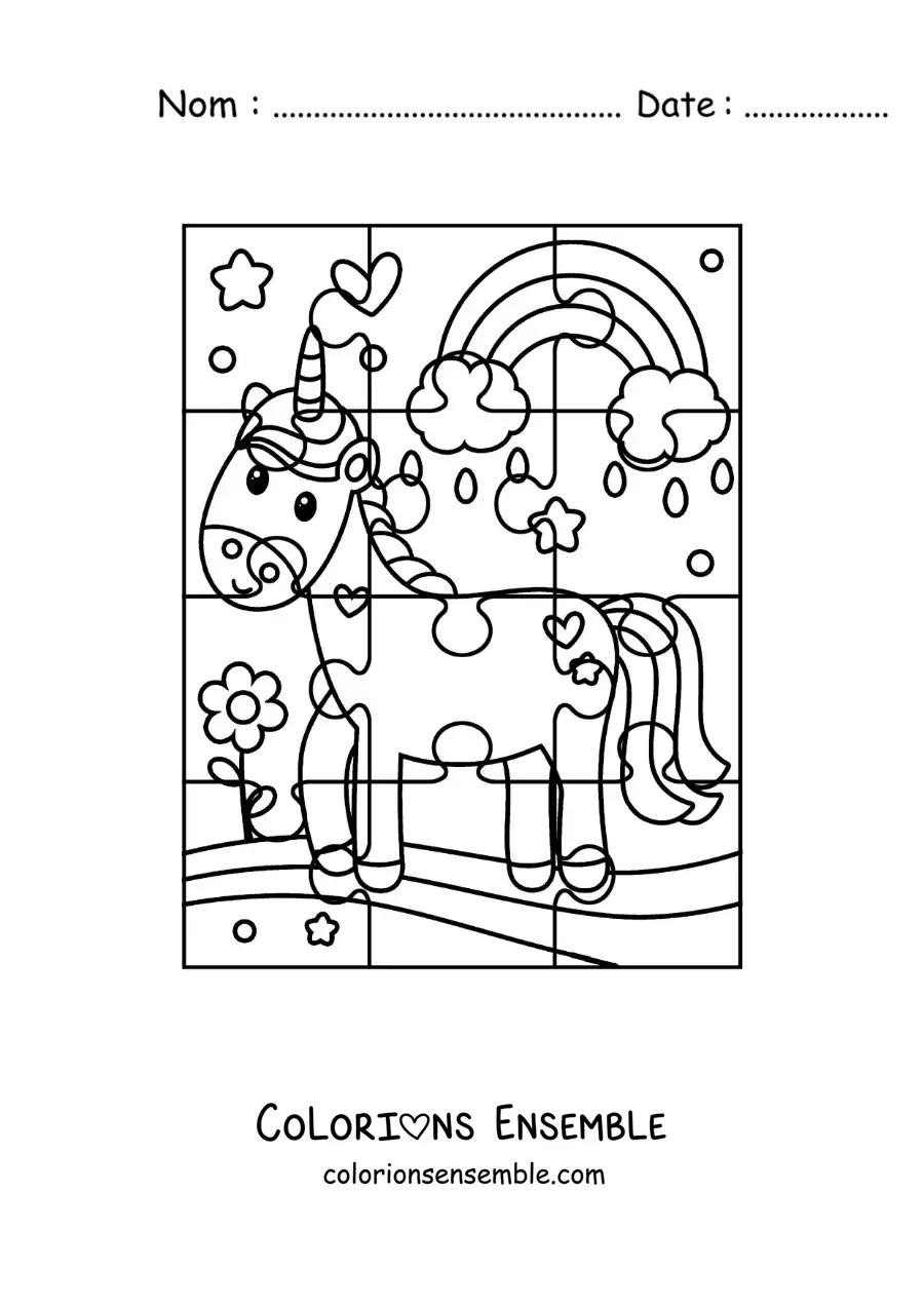 Image à colorier d'un puzzle à découper représentant une licorne animée avec un arc-en-ciel