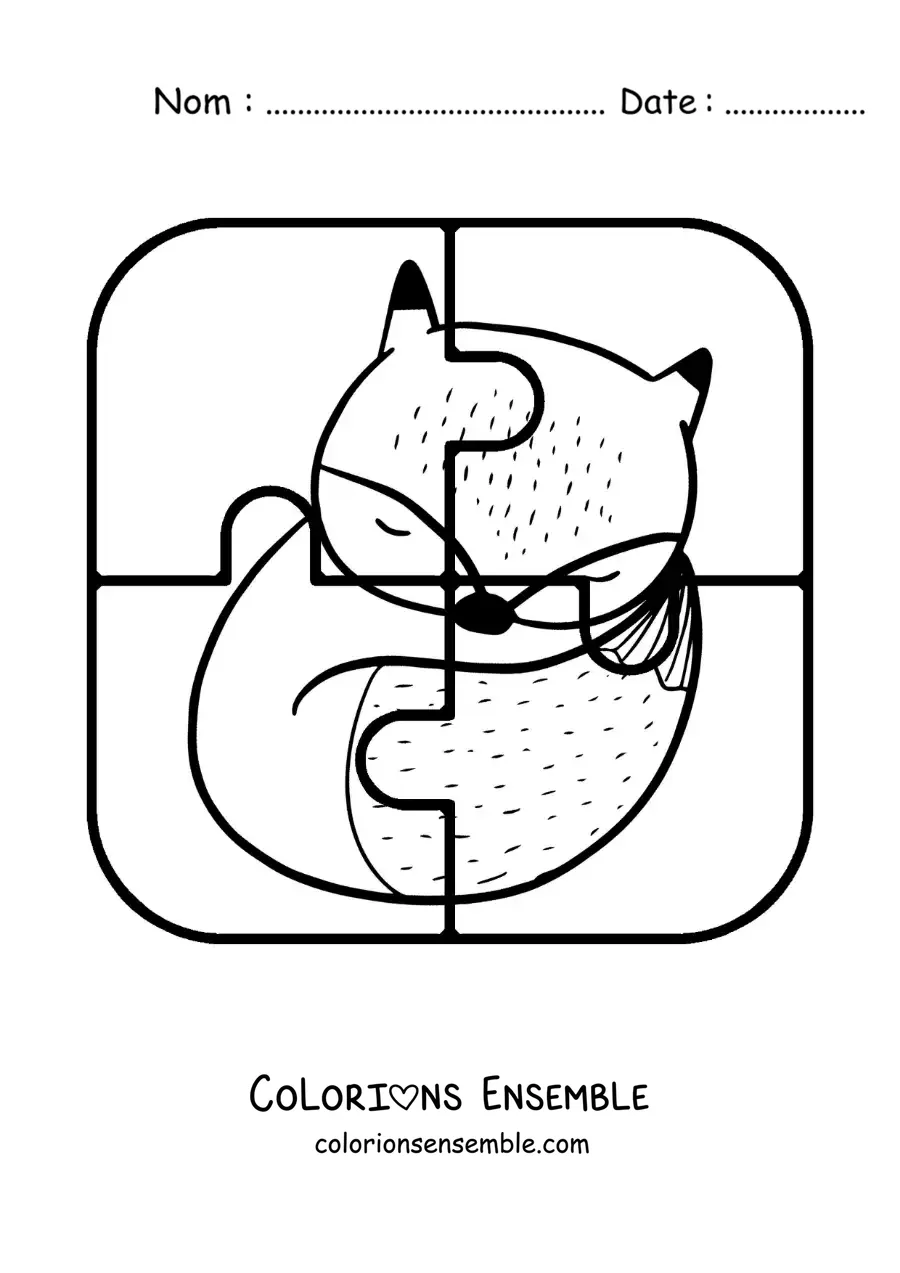 Image à colorier d'un puzzle à découper de 4 pièces représentant un renard animé
