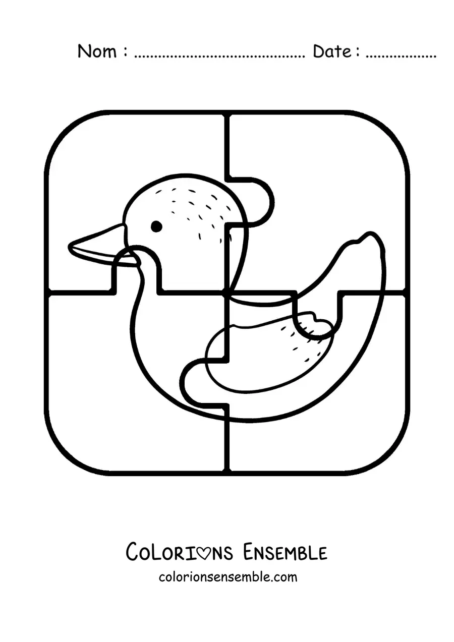 Image à colorier d'un puzzle à découper de 4 pièces représentant un canard animé