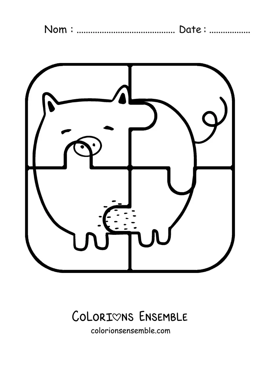 Image à colorier d'un puzzle à découper de 4 pièces représentant un cochon animé