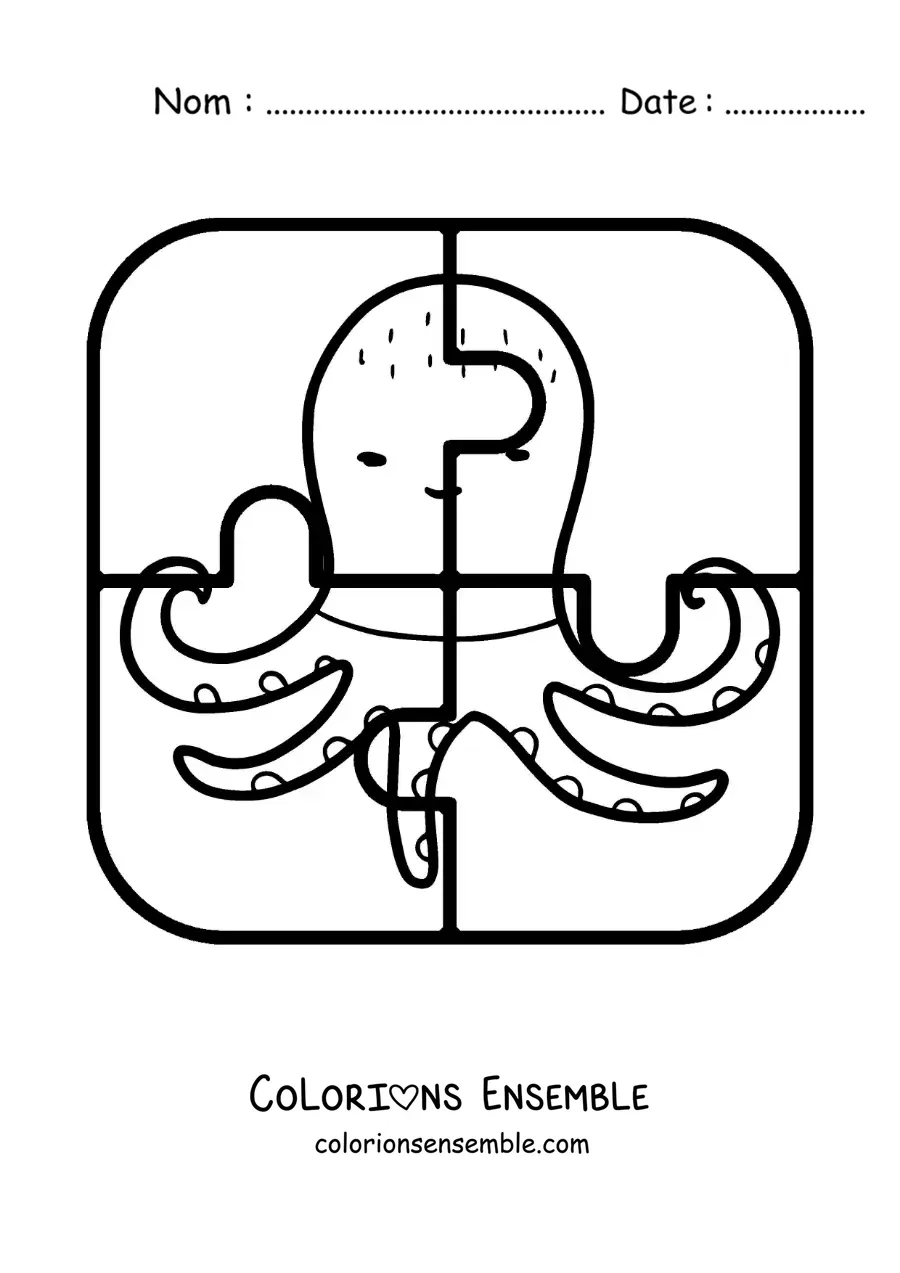 Image à colorier d'un puzzle à découper de 4 pièces représentant une pieuvre animée