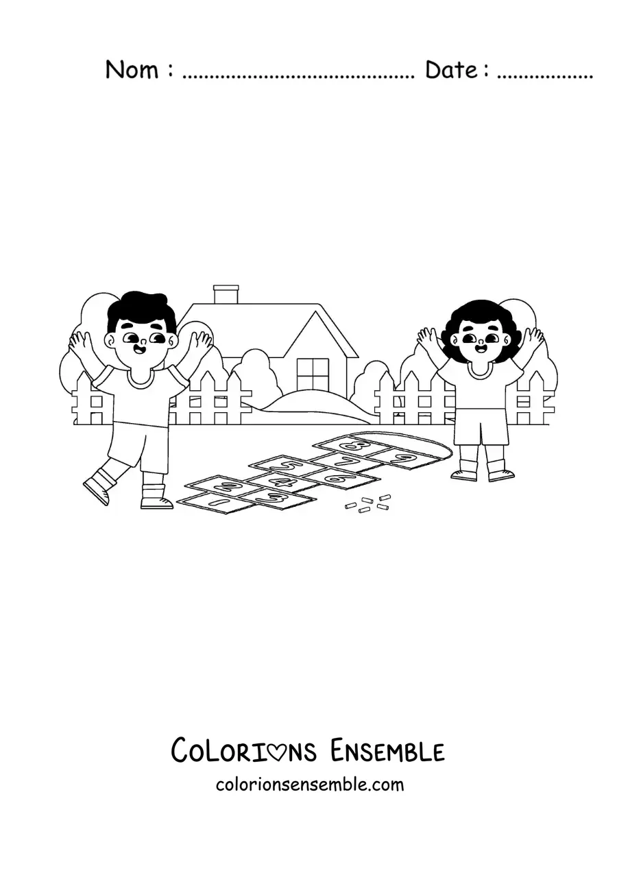 Image à colorier d’enfants qui jouent à la marelle