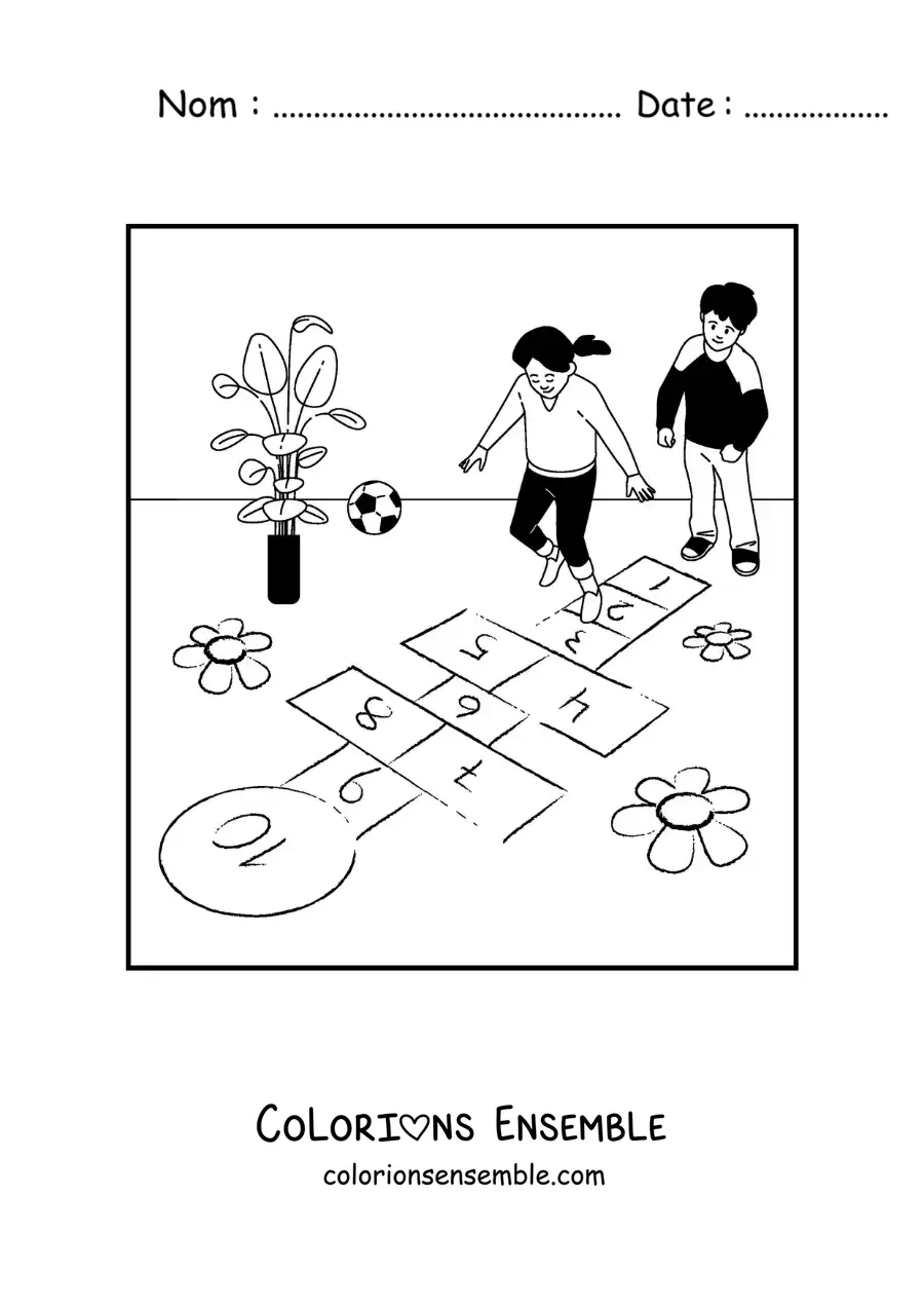 Image à colorier d’enfants qui jouent à la marelle