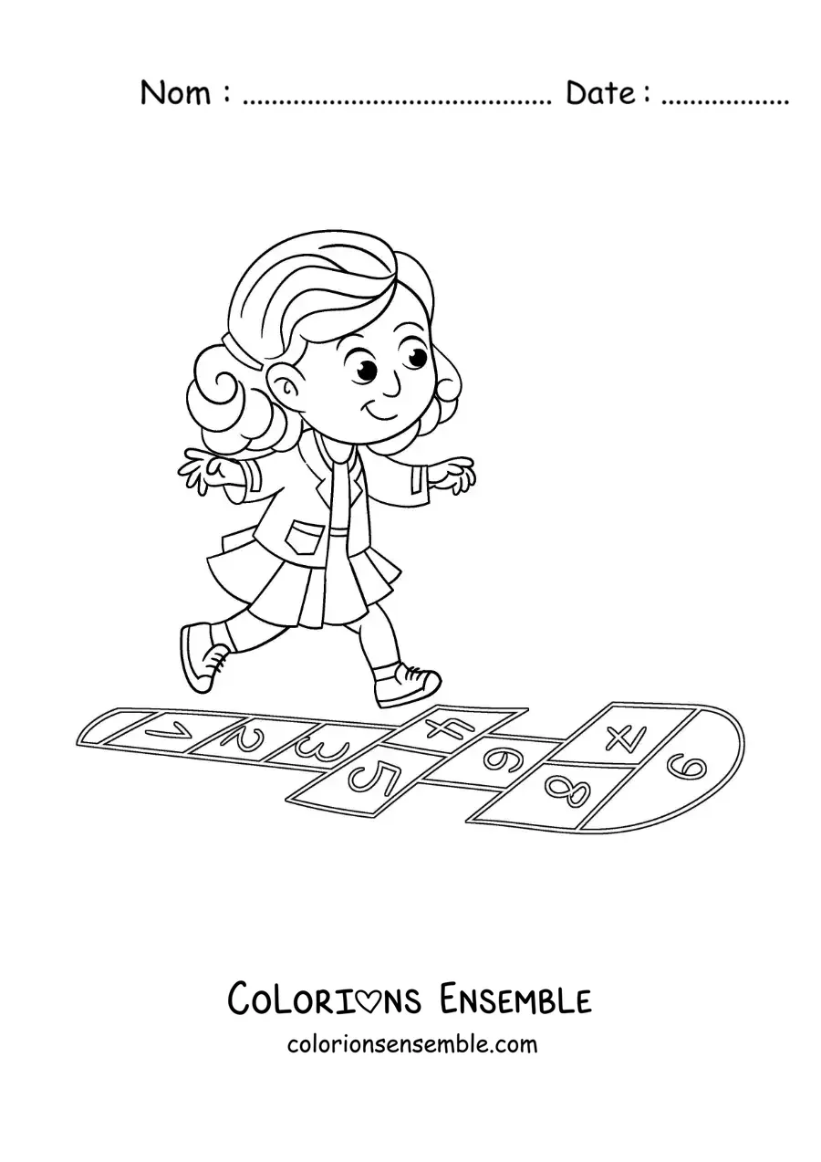 Image à colorier d’une fille qui joue à la marelle