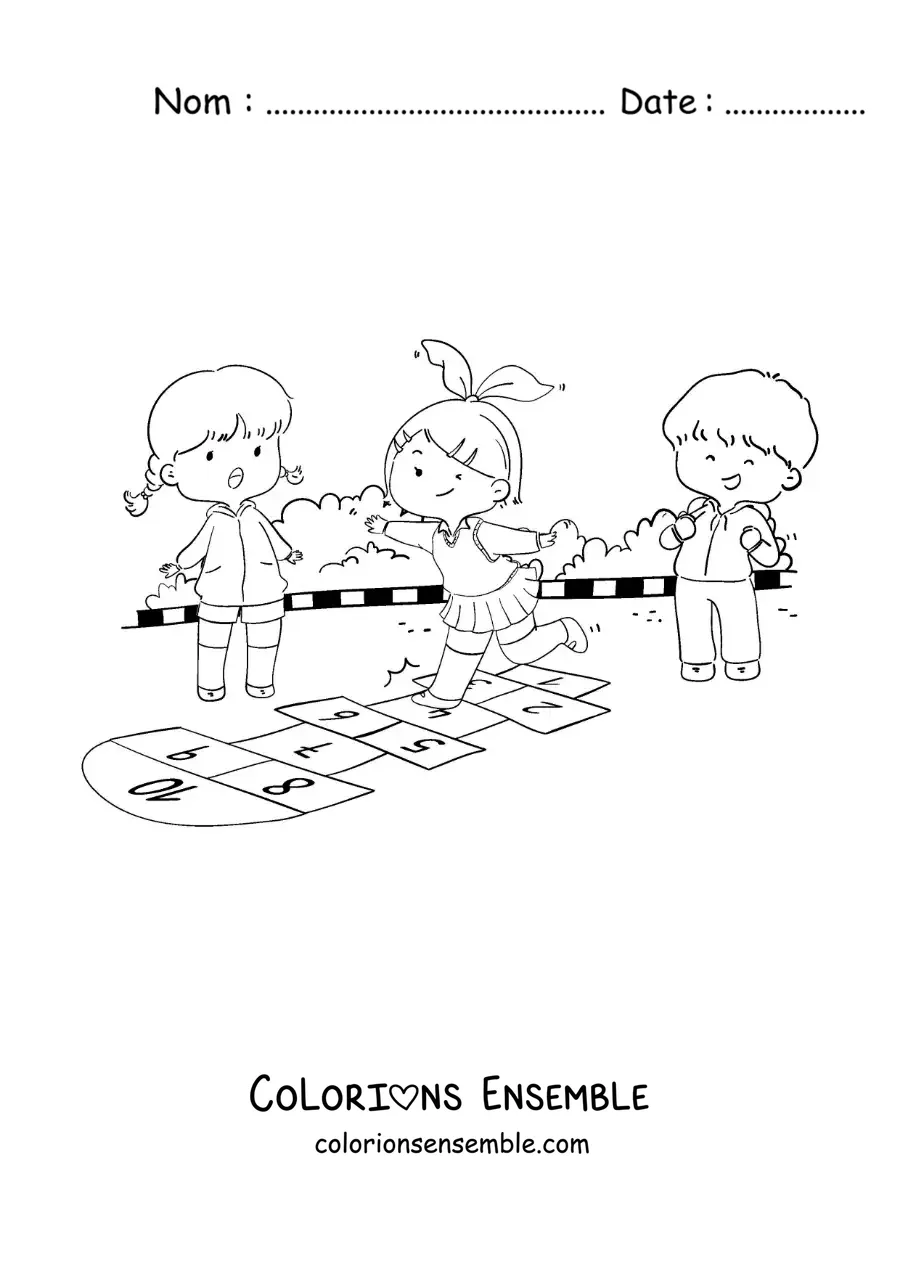 Image à colorier d’enfants qui sautent au jeu traditionnel de la marelle