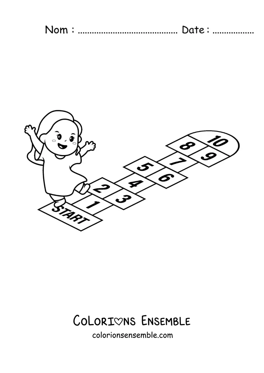 Image à colorier d’une petite fille animée qui joue à la marelle
