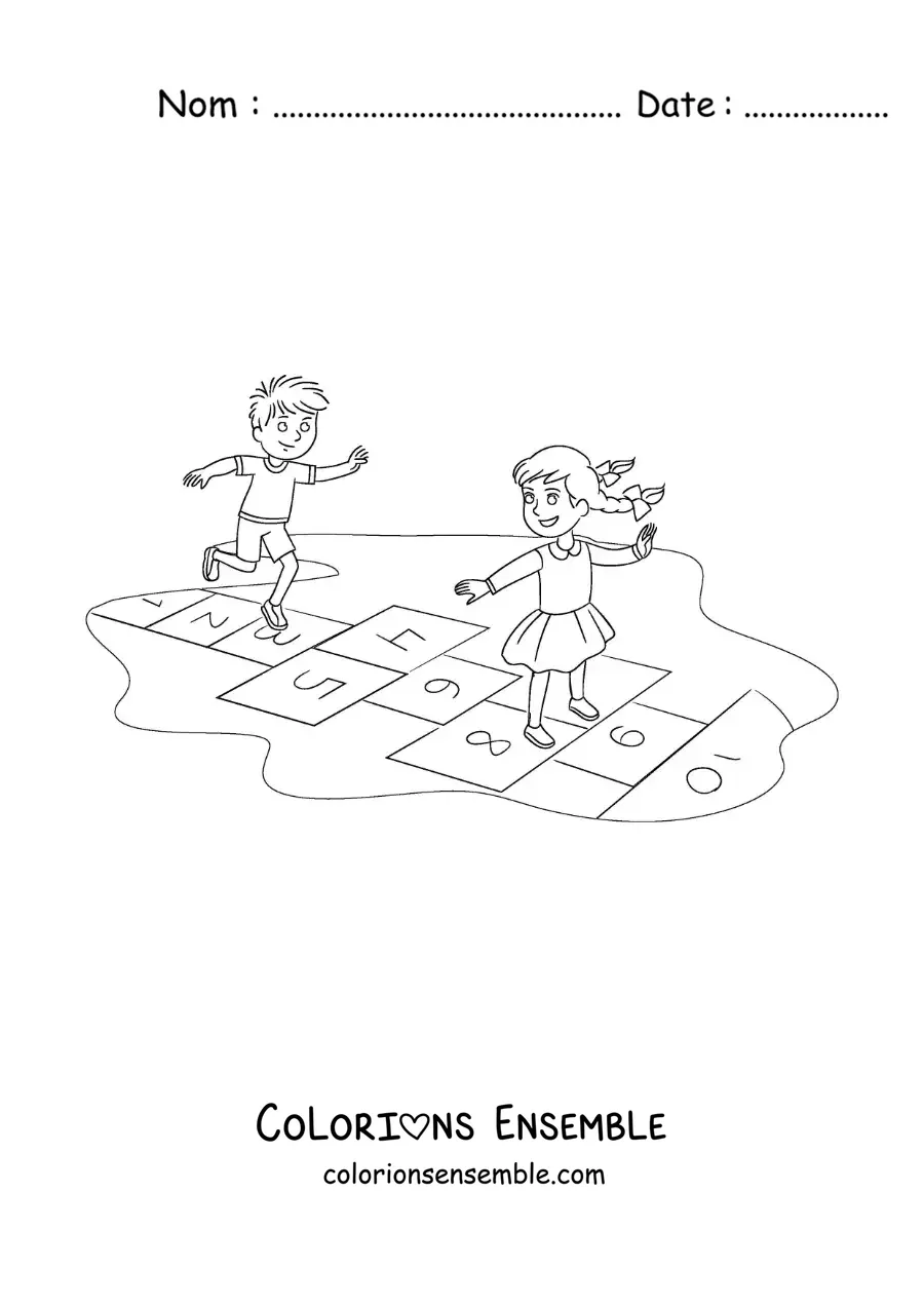 Image à colorier de deux enfants qui sautent au jeu traditionnel de la marelle