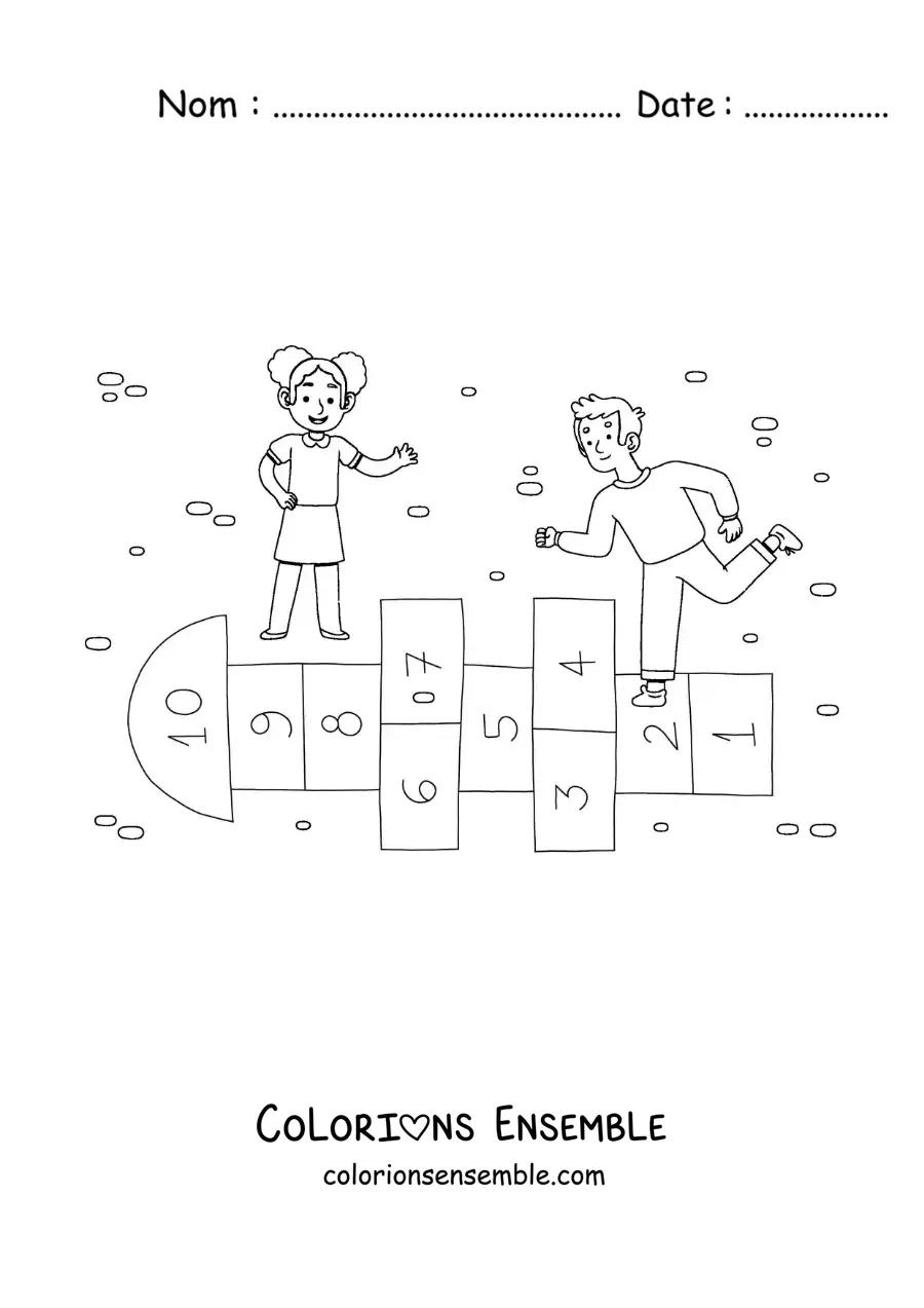 Image à colorier d’enfants qui jouent au jeu traditionnel de la marelle