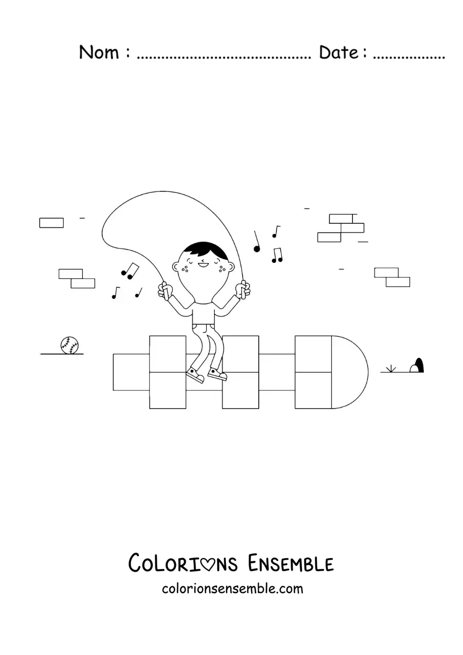 Image à colorier d’un enfant qui saute à la corde en jouant à la marelle