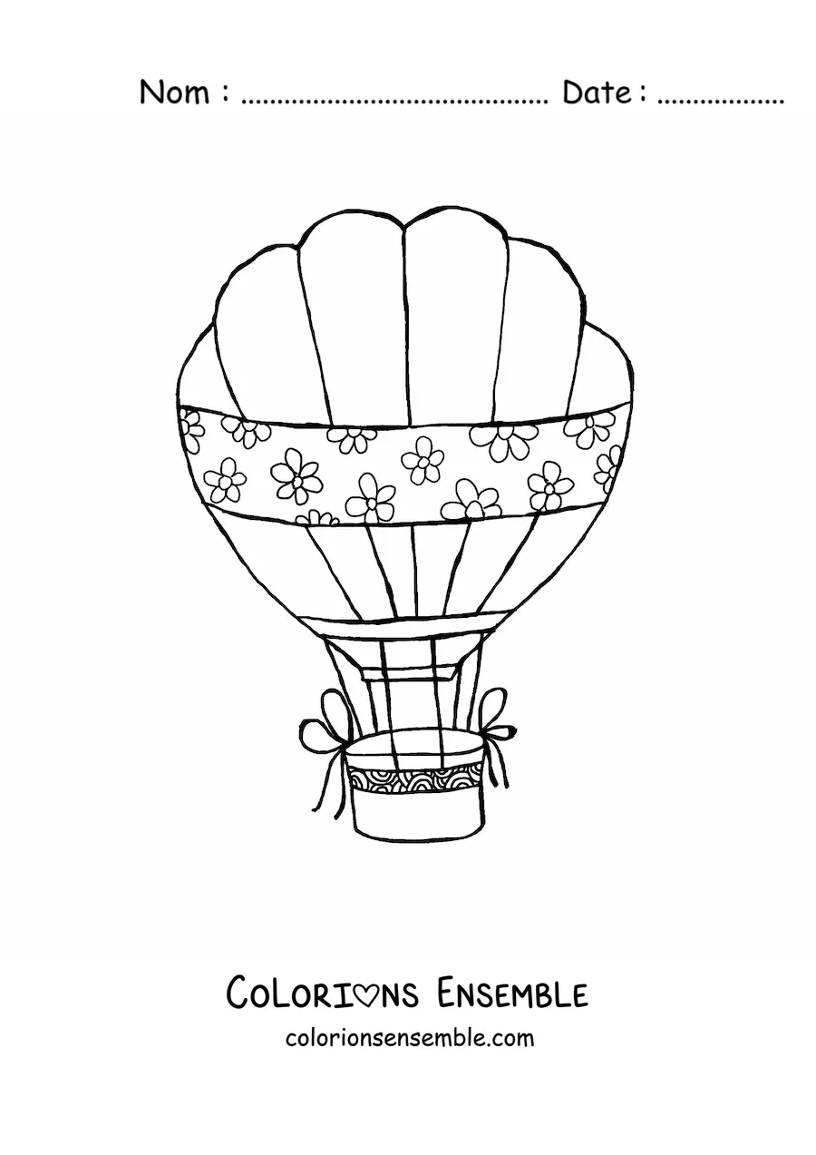 Image à colorier d’une montgolfière décorée de fleurs