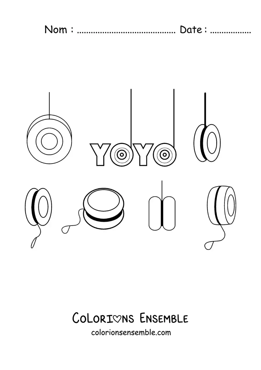 Image à colorier du mot yoyo et de plusieurs yoyos