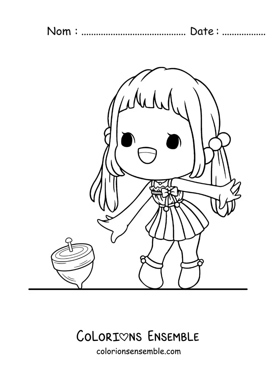 Image à colorier d’une fille qui joue avec une toupie