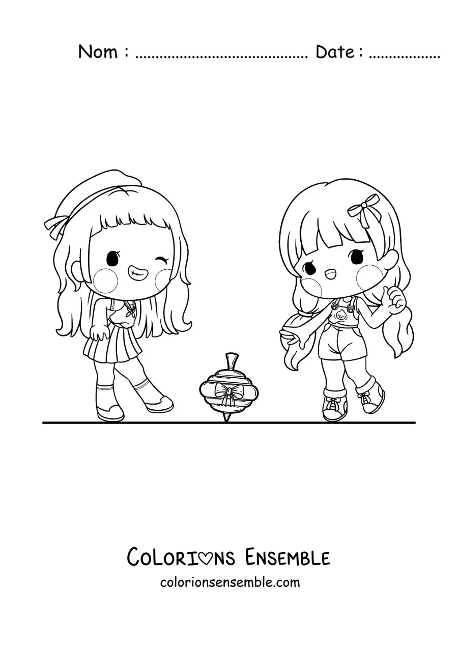 Image à colorier de filles qui jouent avec une toupie