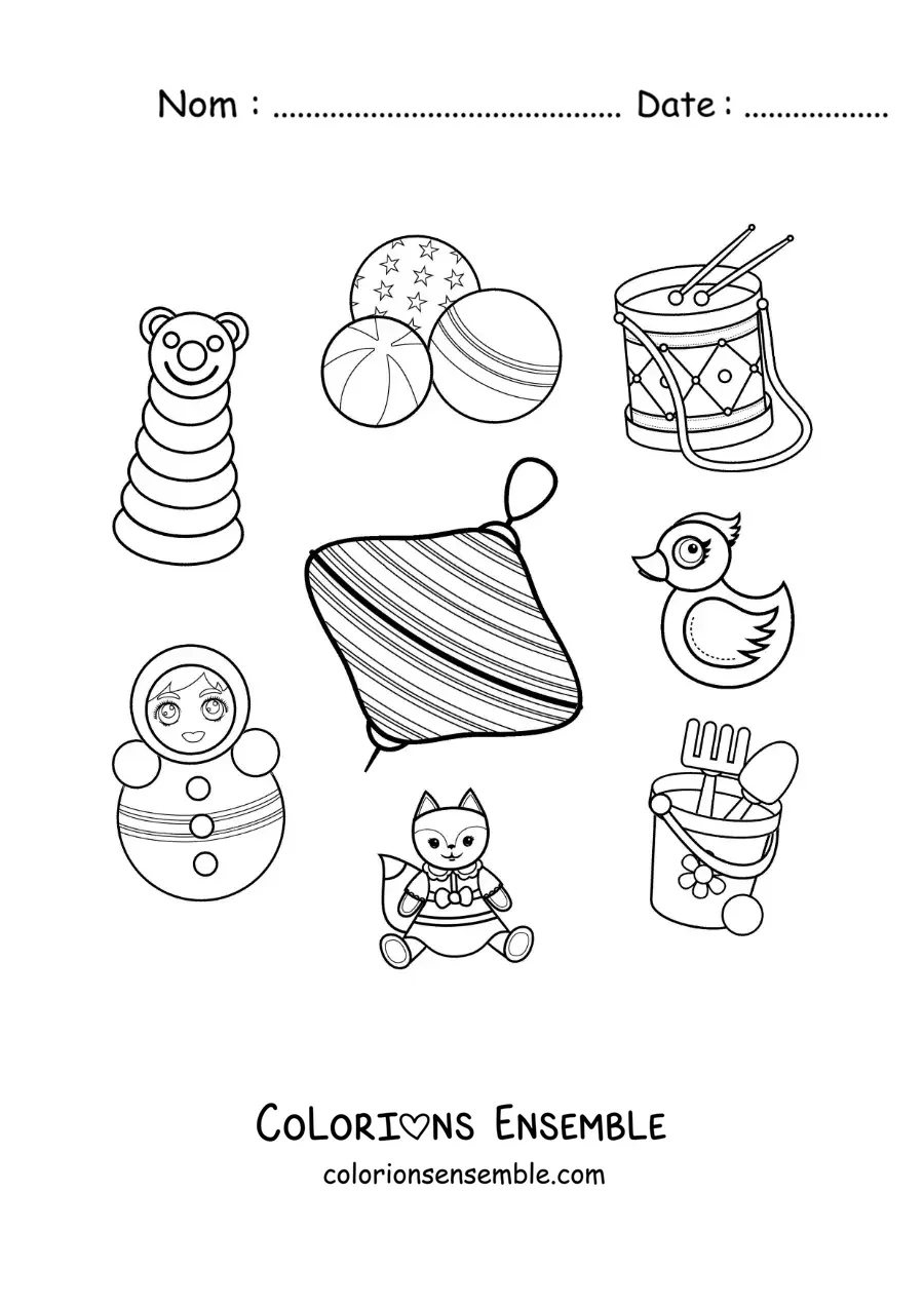 Image à colorier d’une toupie et d’autres jouets traditionnels
