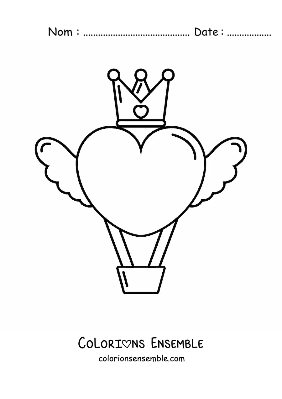 Image à colorier d’une montgolfière en forme de cœur ailé