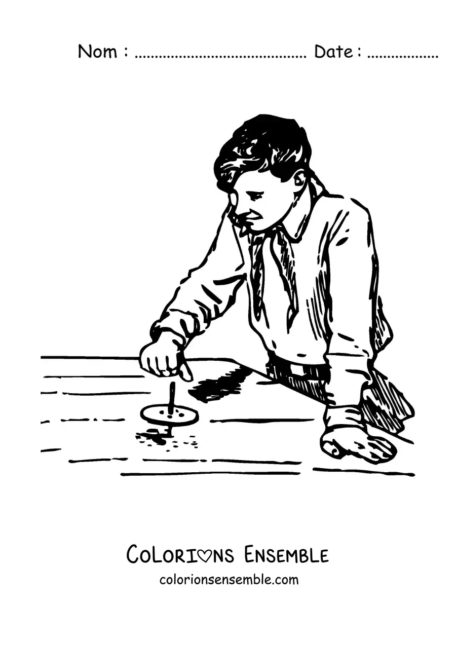 Image à colorier d’un garçon qui joue avec une toupie