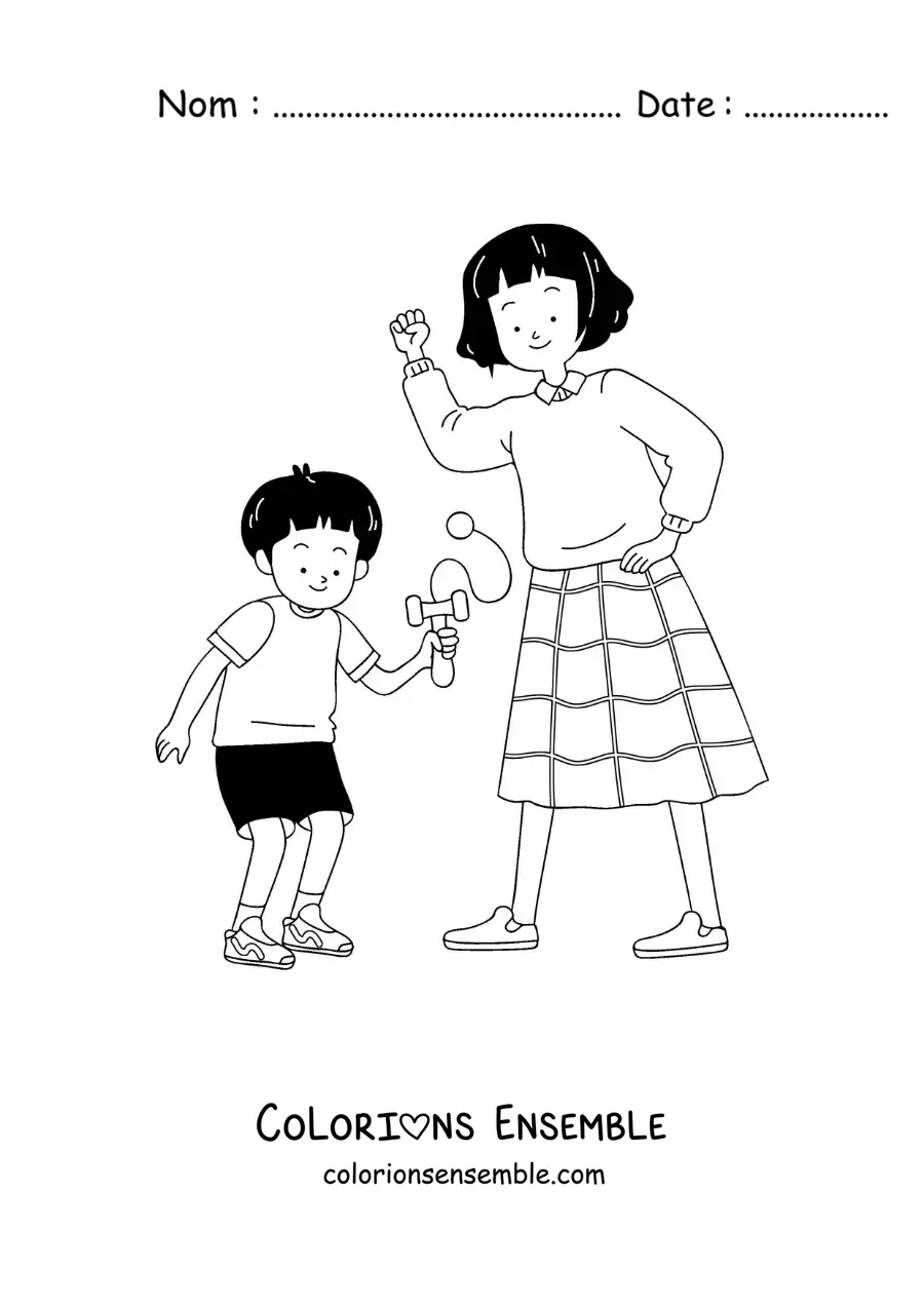 Image à colorier d’un garçon japonais qui joue au kendama avec sa maman