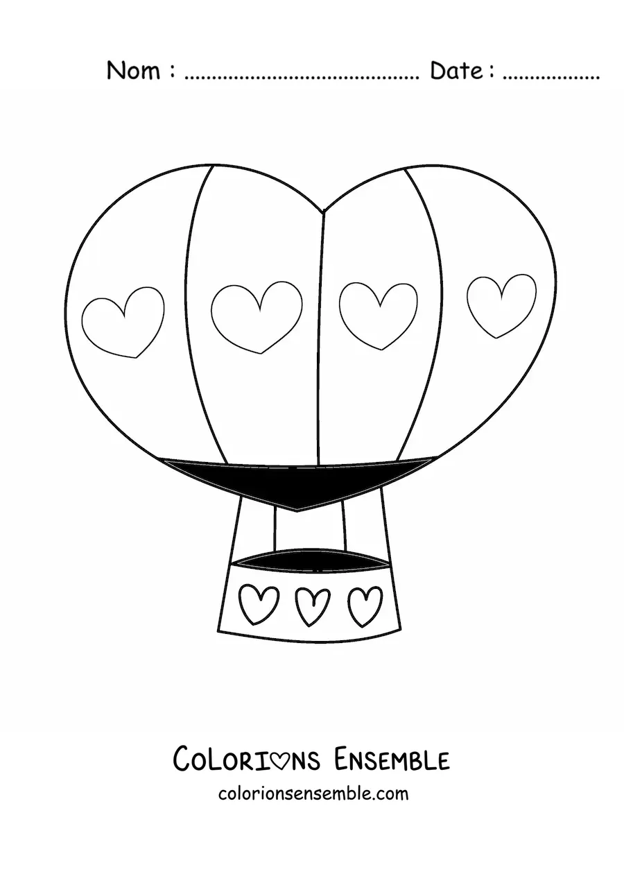 Image à colorier d’une montgolfière au motif de cœurs