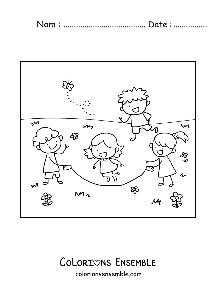 Image à colorier d’enfants qui sautent à la corde dans un parc