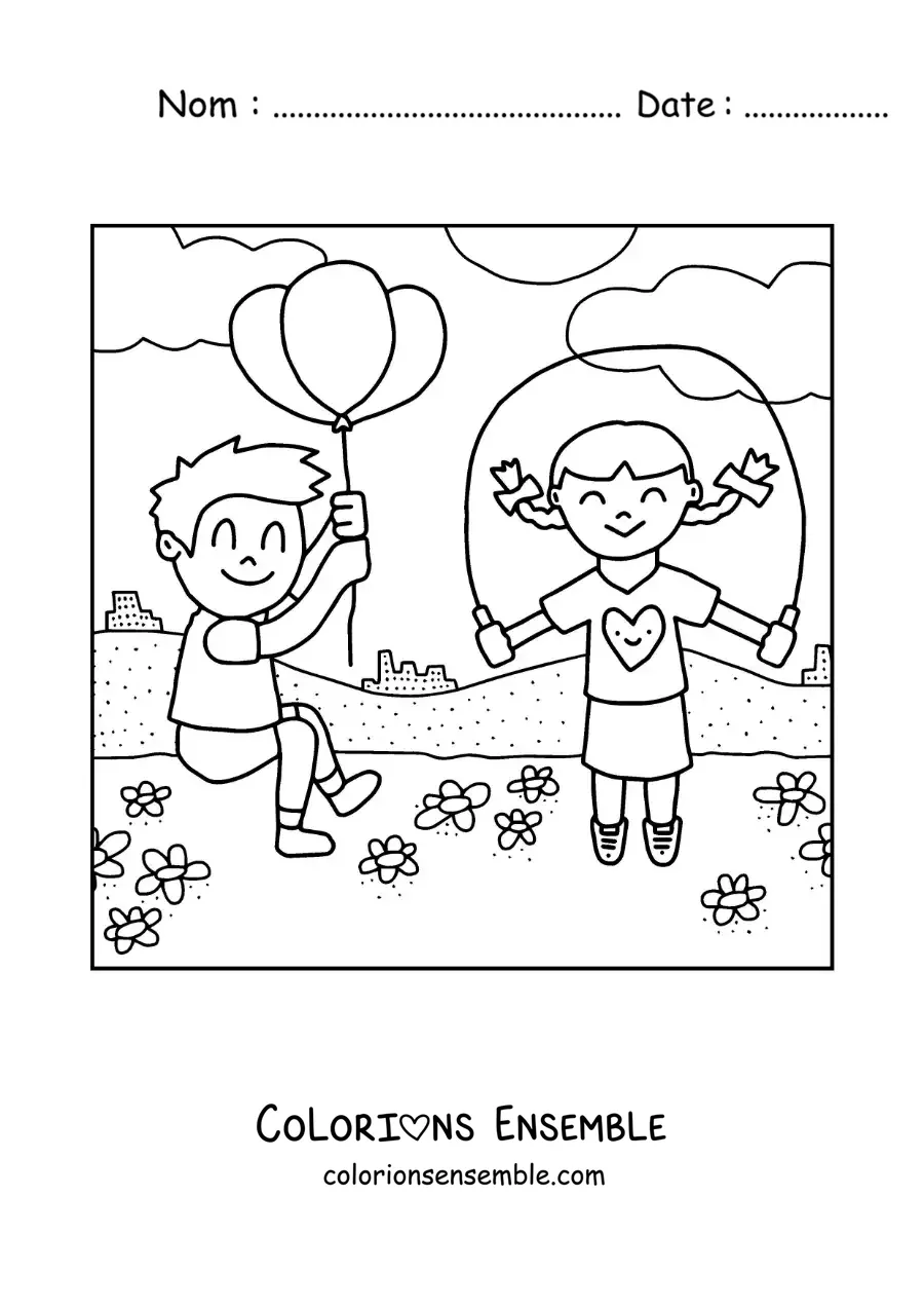 Image à colorier d’une fille qui saute à la corde dans un parc