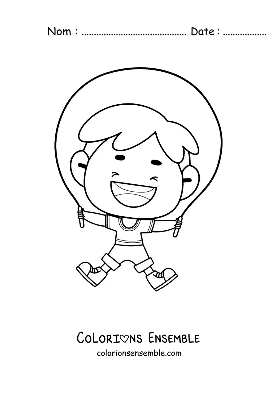 Image à colorier d’un garçon animé qui saute à la corde