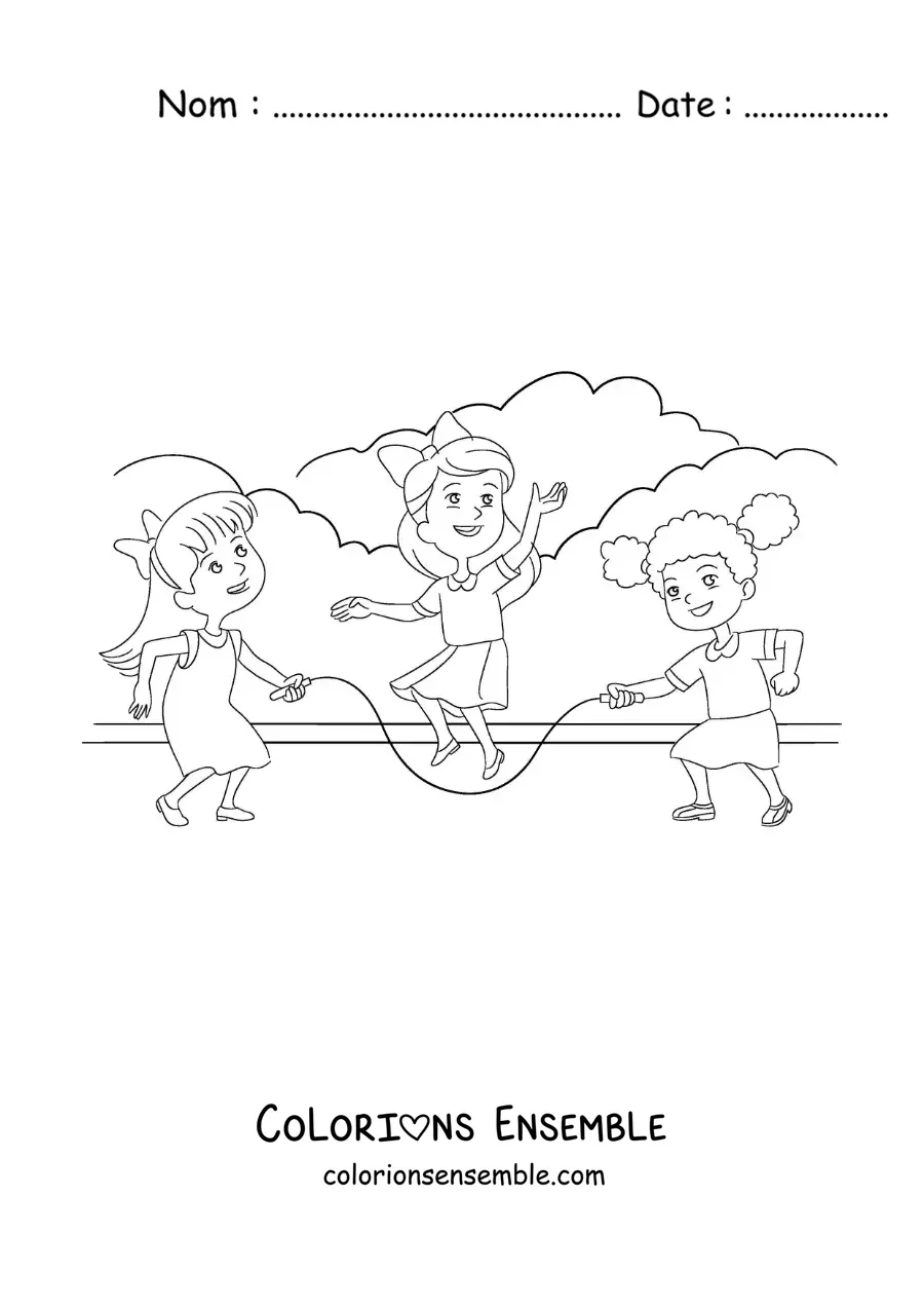 Image à colorier d’enfants qui sautent à la corde dans un parc