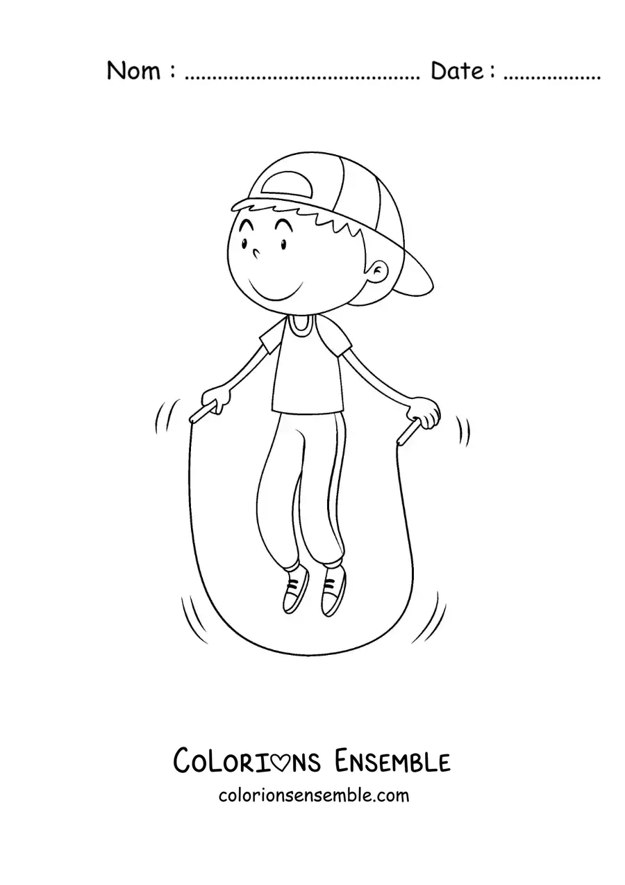 Image à colorier d’un garçon animé qui saute à la corde