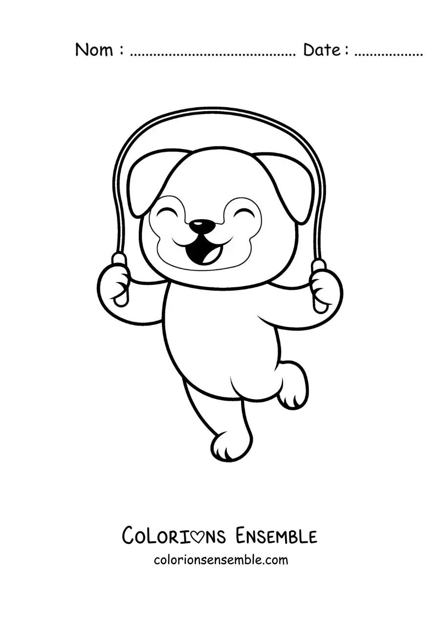 Image à colorier d’un chien animé qui saute à la corde