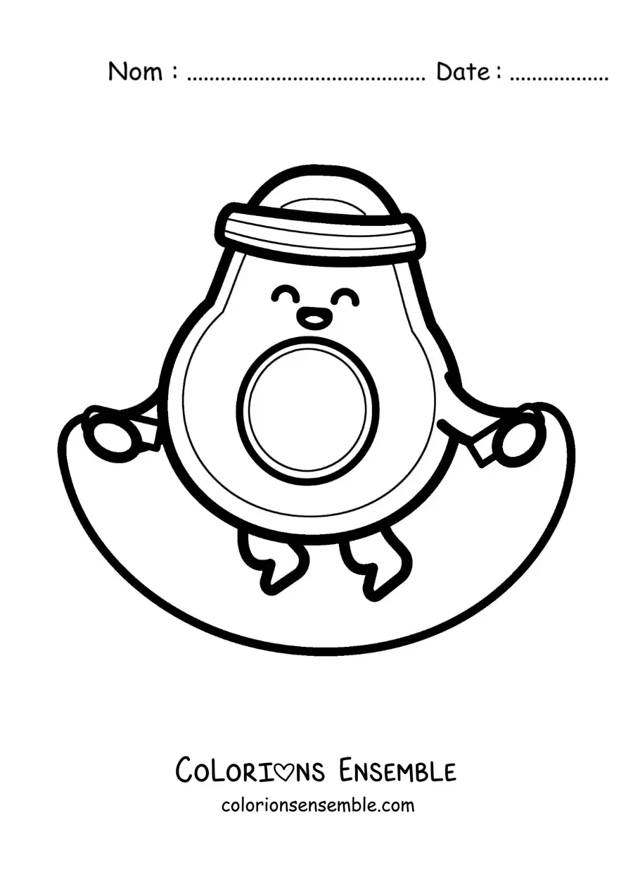 Image à colorier d’un avocat kawaii animé qui saute à la corde