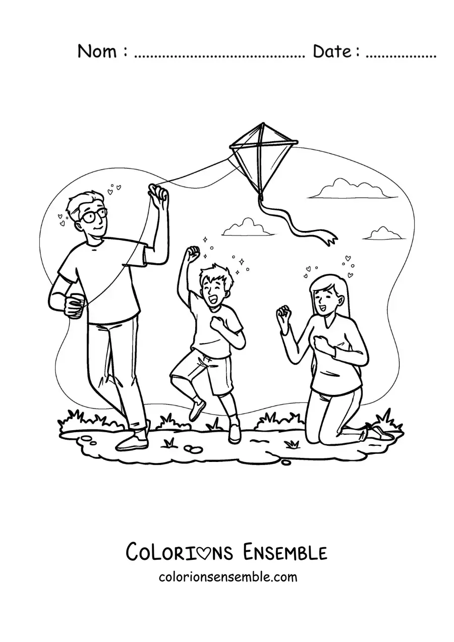 Image à colorier d’enfants qui font voler un cerf-volant avec leur papa dans le parc