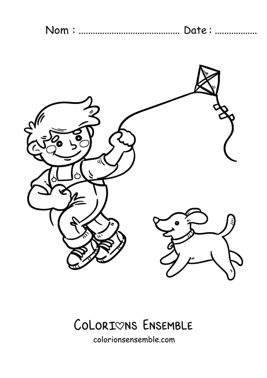 Image à colorier d’un garçon qui fait voler un cerf-volant avec son chien