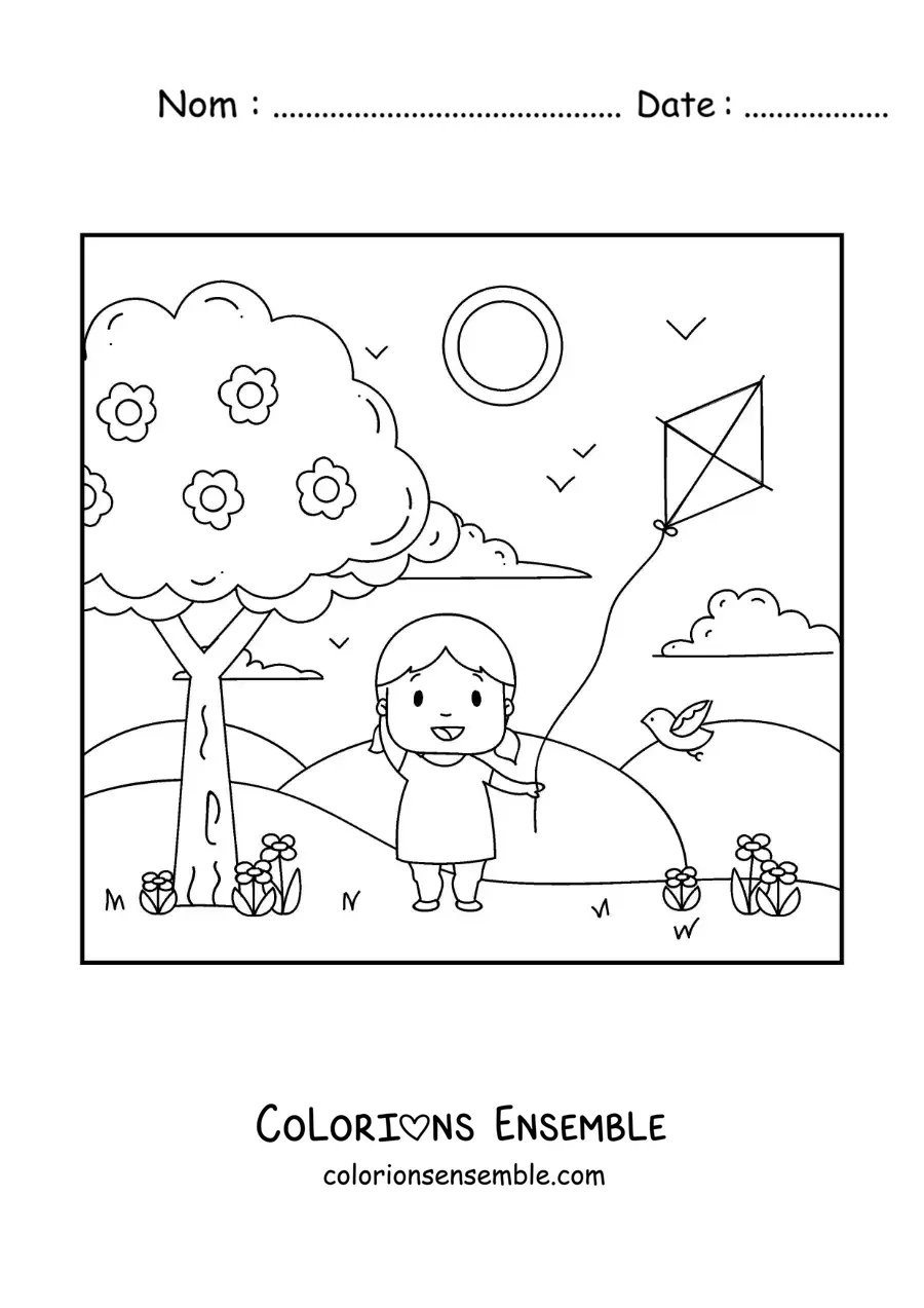 Image à colorier d’une fille qui fait voler un cerf-volant dans le parc