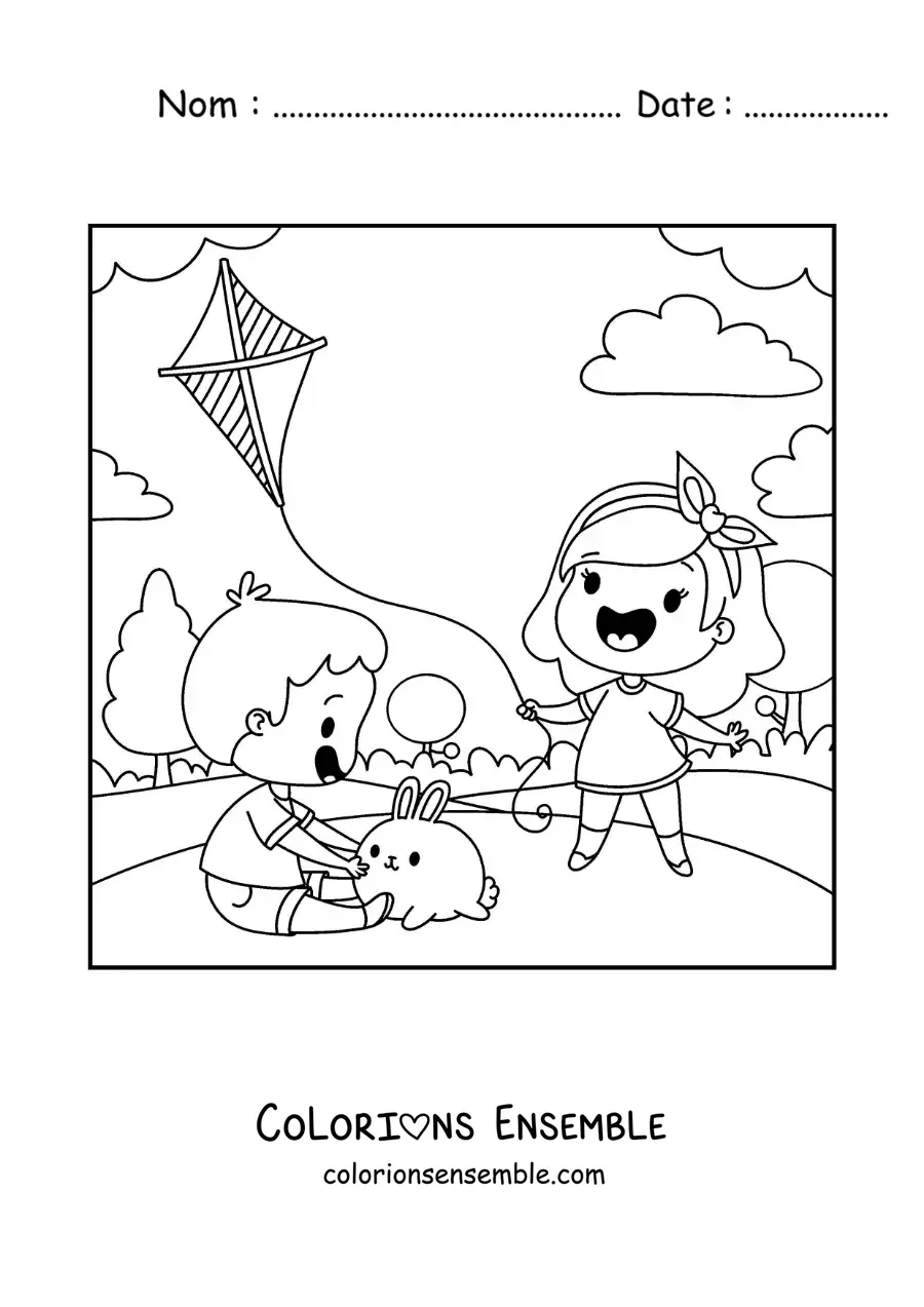 Image à colorier de filles animées qui font voler un cerf-volant dans le parc